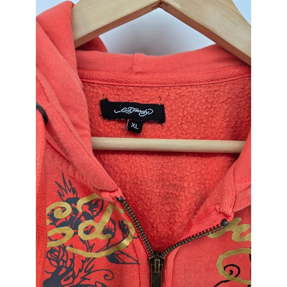 Ed Hardy Hoodie Womens XL Red Cropped Zip Up Tattoo Graphic Panther Dagger Y2K